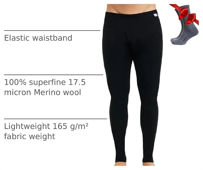 100% Merino Wool Base Layer Mens Pants - Thermal Underwear Long Johns