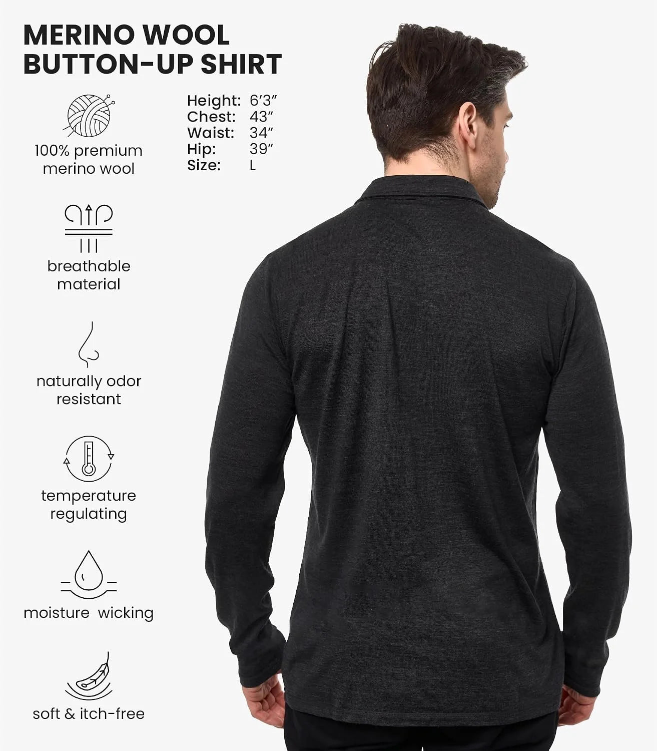 100% Merino Wool Button Up Shirt Men - Long & Short Sleeve Breathable