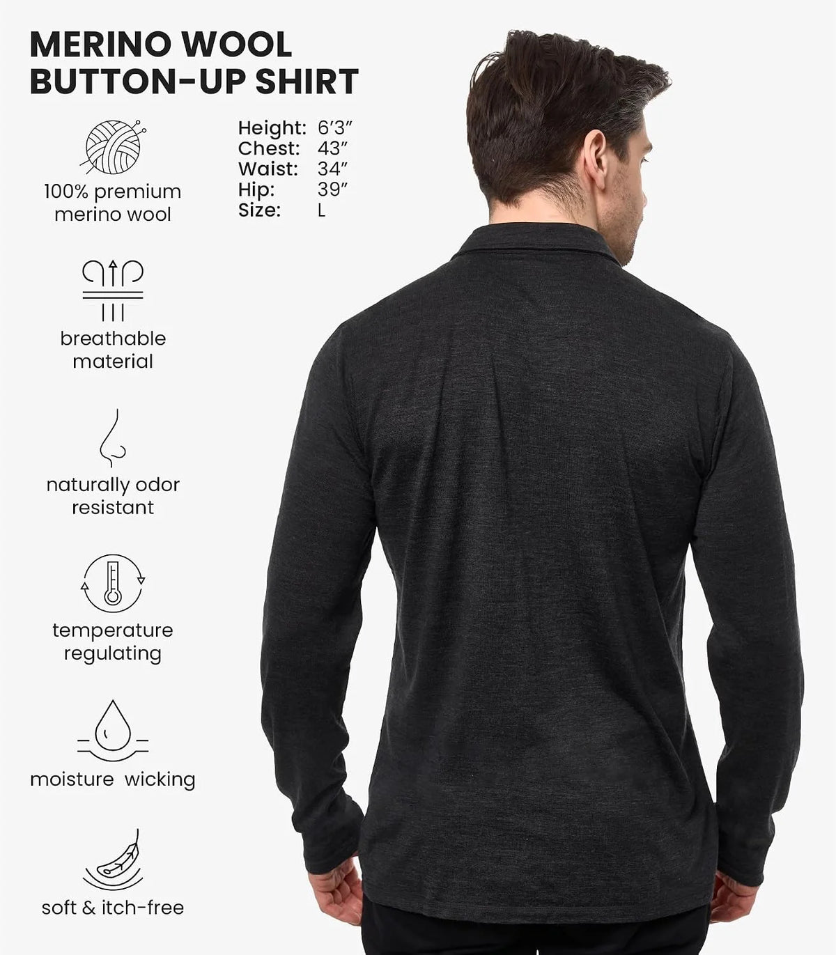 100% Merino Wool Button Up Shirt Men - Long & Short Sleeve Breathable