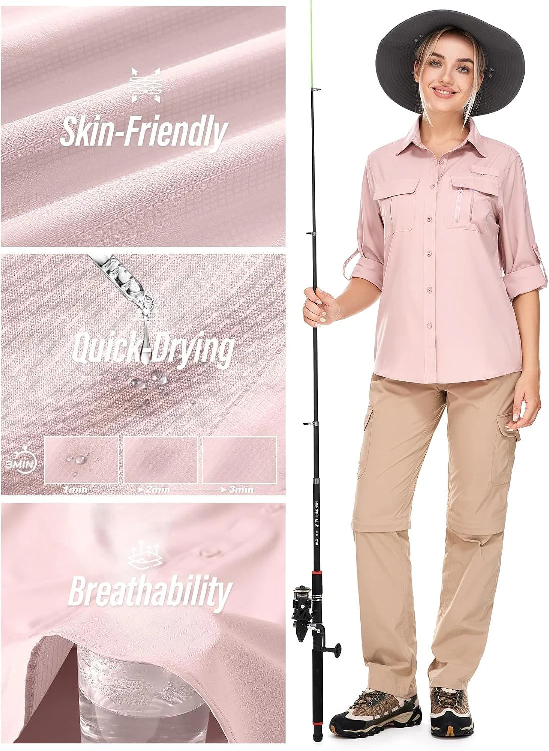 Women's UPF 50 Long Sleeve Sun Protection Safari Fish Hiking Shirts
