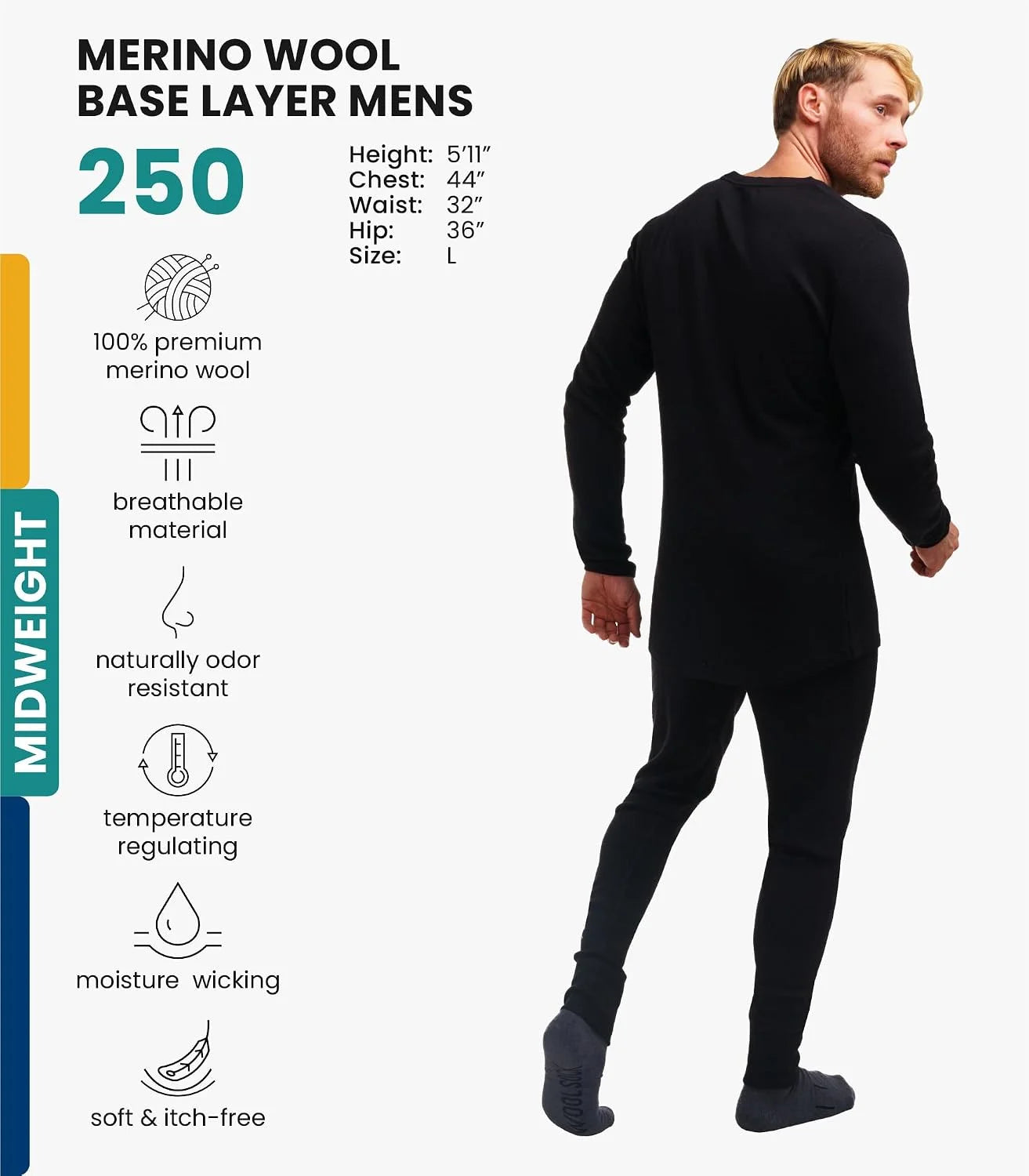 100% Merino Wool Base Layer Men Set - Thermal Underwear for Men Long Johns