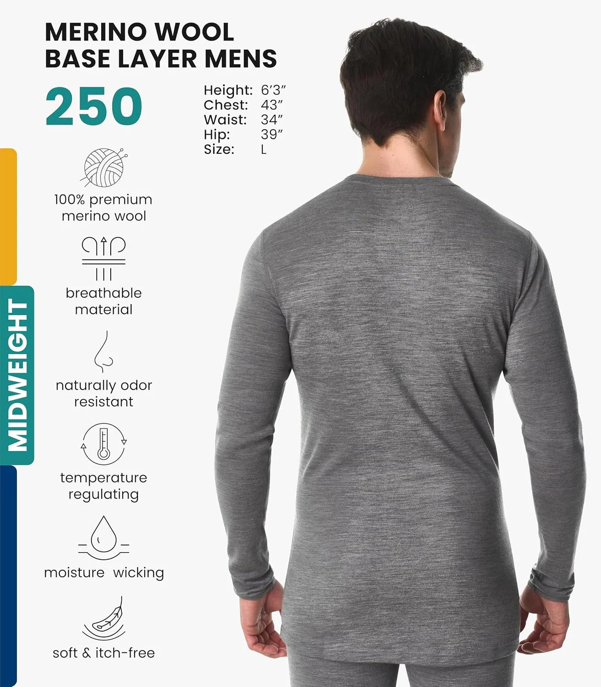 100% Merino Wool Base Layer Mens - Long Sleeve Thermal Shirts with Socks