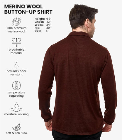 100% Merino Wool Button Up Shirt Men - Long & Short Sleeve Breathable