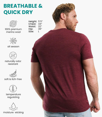 100% Merino Wool T-Shirt Men - Short Sleeve Undershirt Base Layer Top