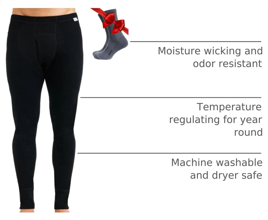 100% Merino Wool Base Layer Mens Pants - Thermal Underwear Long Johns