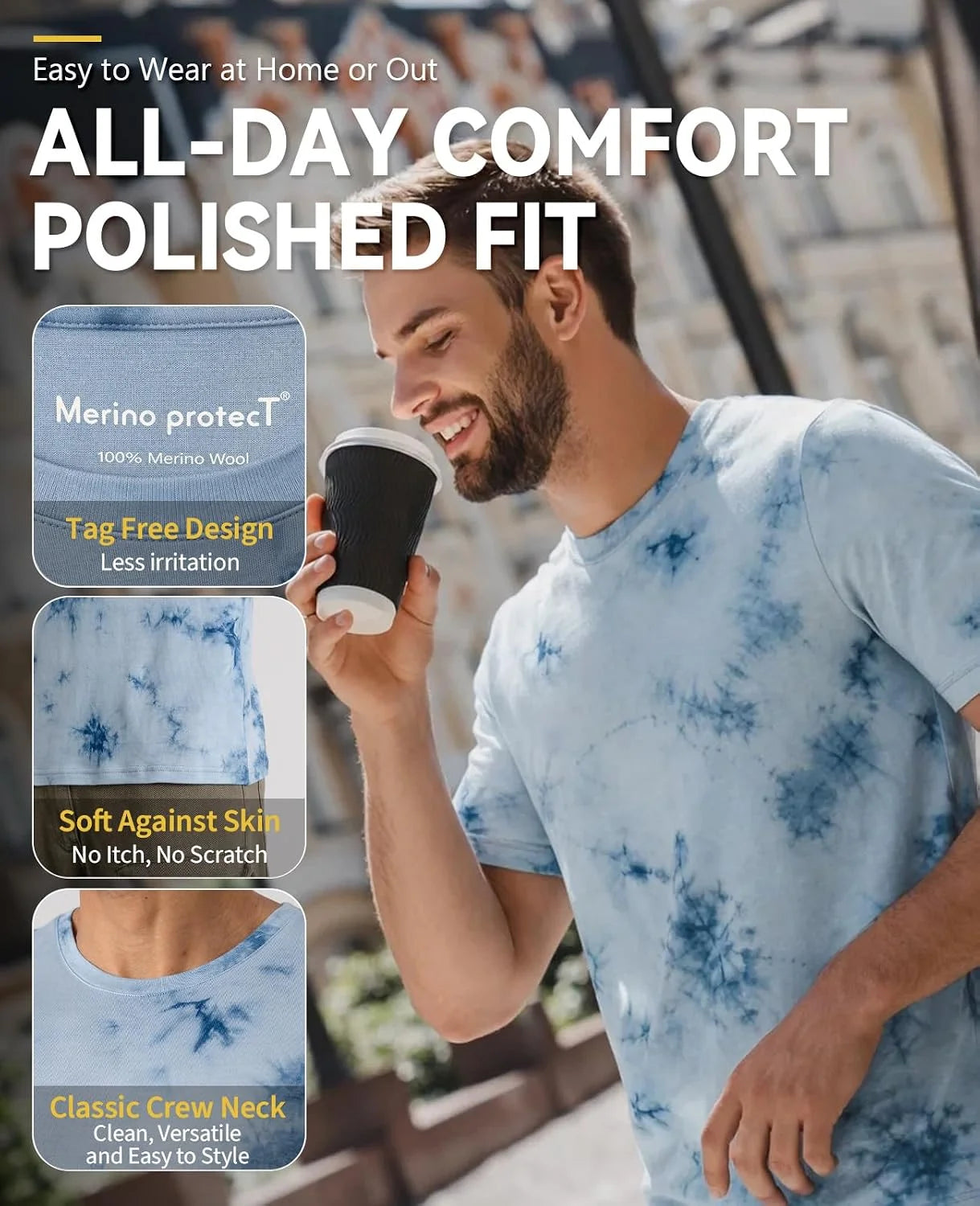 Merino Protect 100% Merino Wool V-Neck T Shirts for Men Odor Resistance Base Layer Hiking Travel T-Shirt Soft Undershirt
