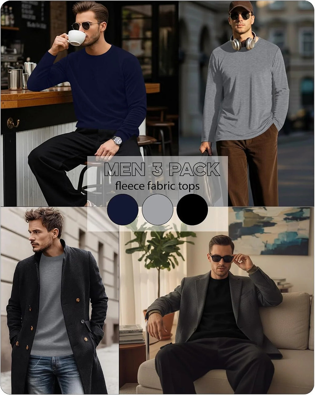 3 Pack Mens Long Sleeve Thermal Shirts Crew Neck Tops