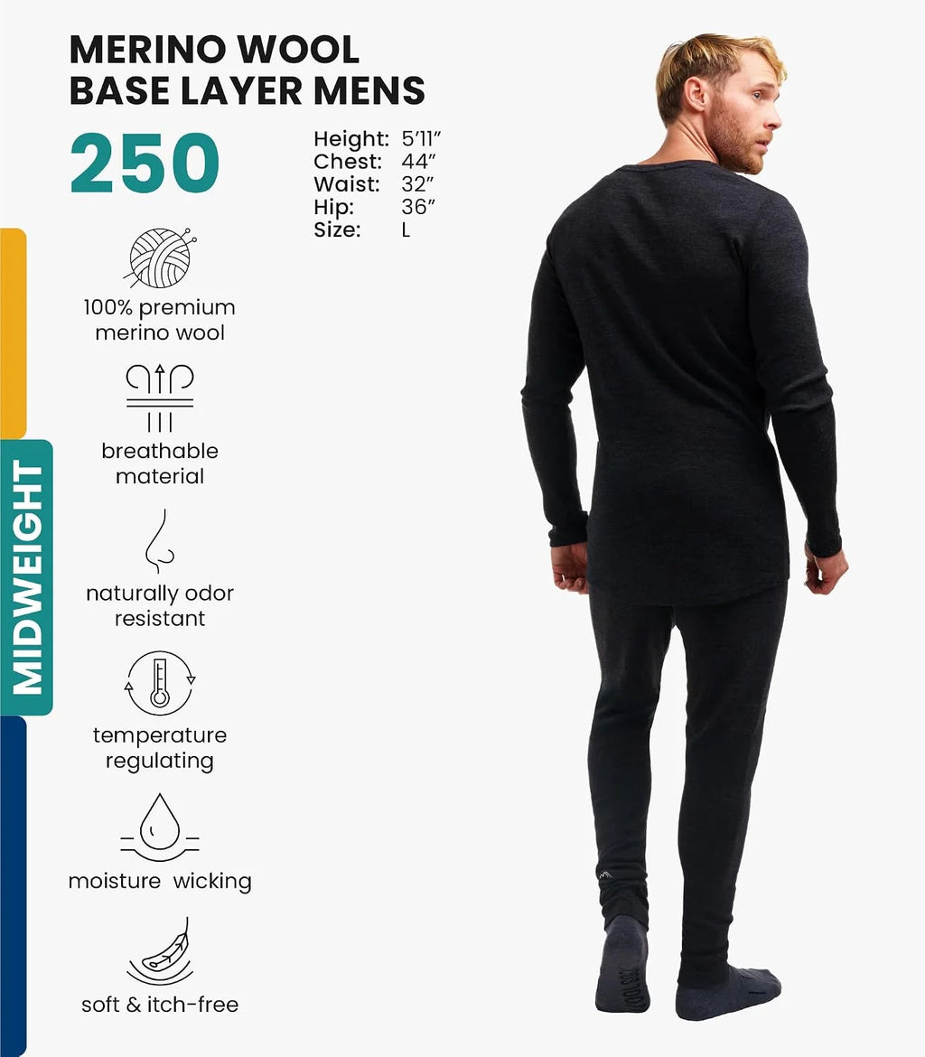 100% Merino Wool Base Layer Men Set - Thermal Underwear for Men Long Johns