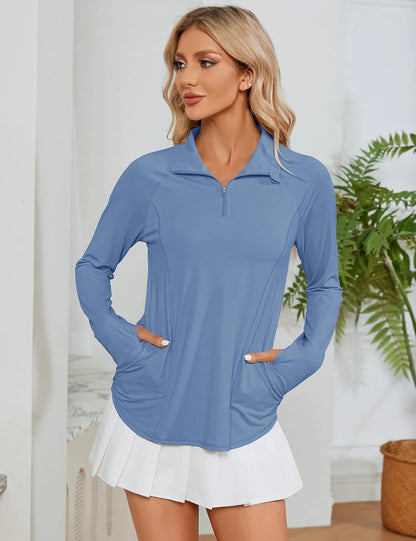 LOMON Women Long Sleeve Shirts Sun Protection 1/4 Zip Summer Quick Dry Hiking Shirts Quarter Zip Pullover for Women