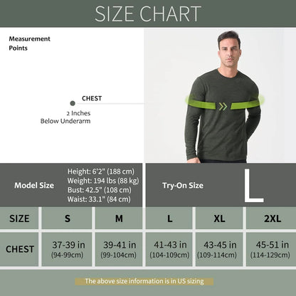 100% Merino Wool Base Layer for Men Long Sleeve Crew Neck Thermal Shirt