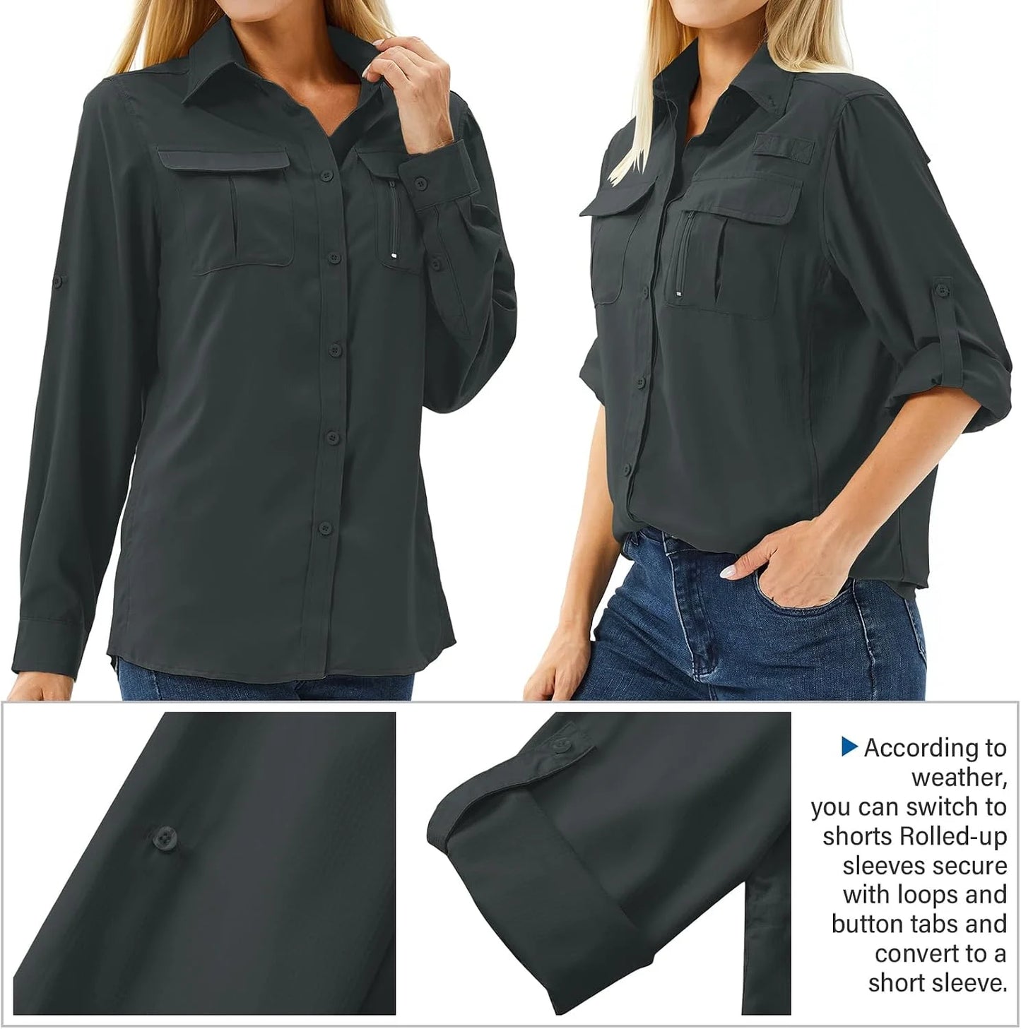 Women's UPF 50 Long Sleeve Sun Protection Safari Fish Hiking Shirts | SPF Safari Clothes for Women,Quick dry Breathable Button Up,Vented Back,Chest Pockets,Glasses Loop,Fishing,Camping,Travel