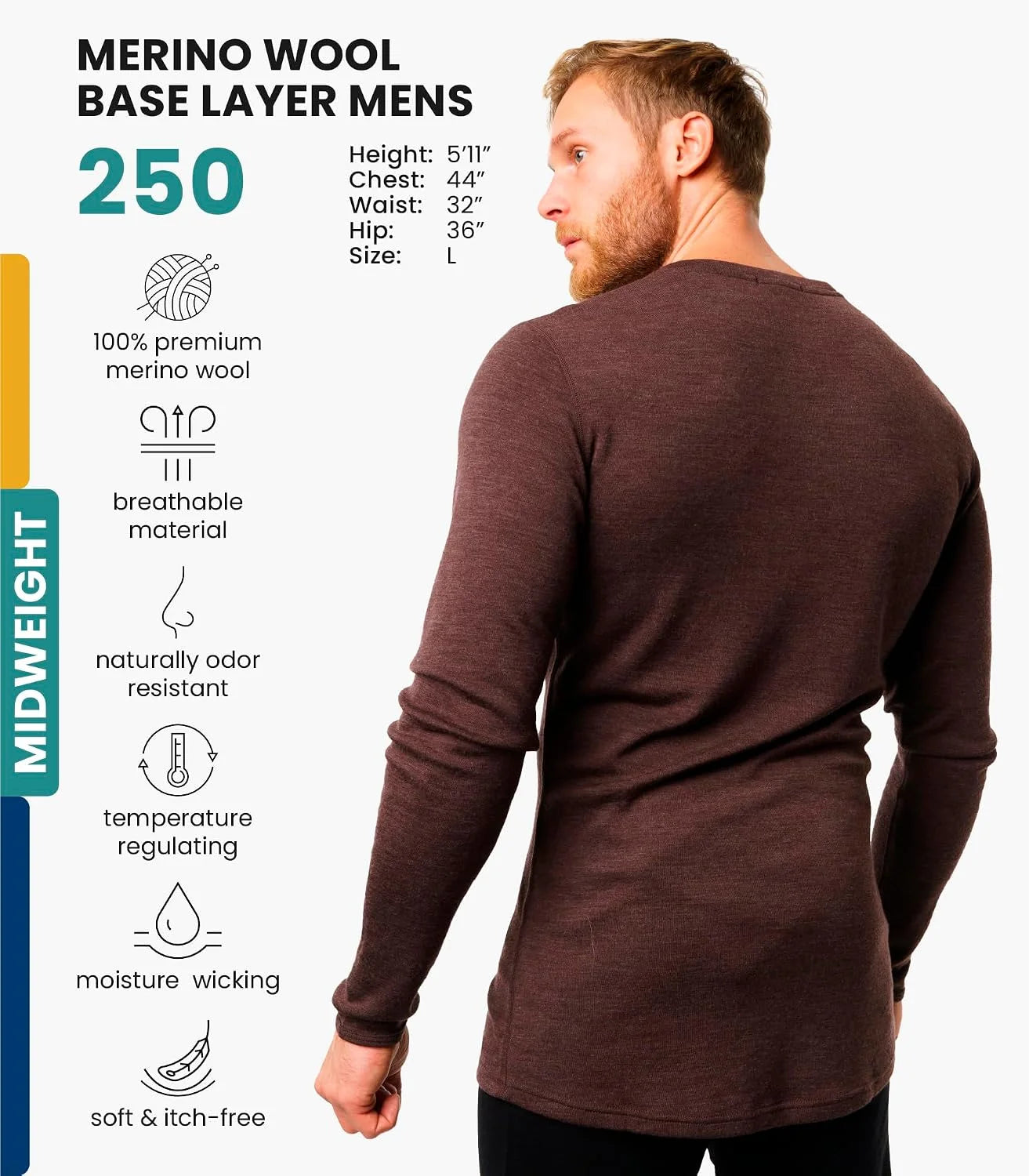 100% Merino Wool Base Layer Mens - Long Sleeve Thermal Shirts with Socks