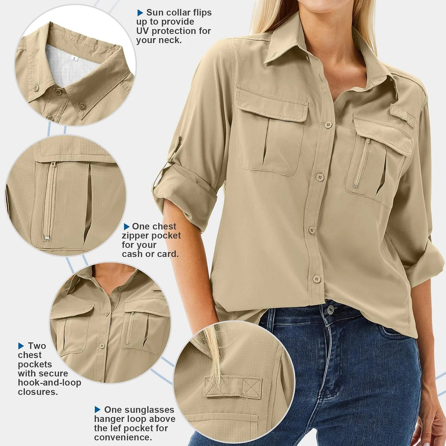 Women's UPF 50 Long Sleeve Sun Protection Safari Fish Hiking Shirts