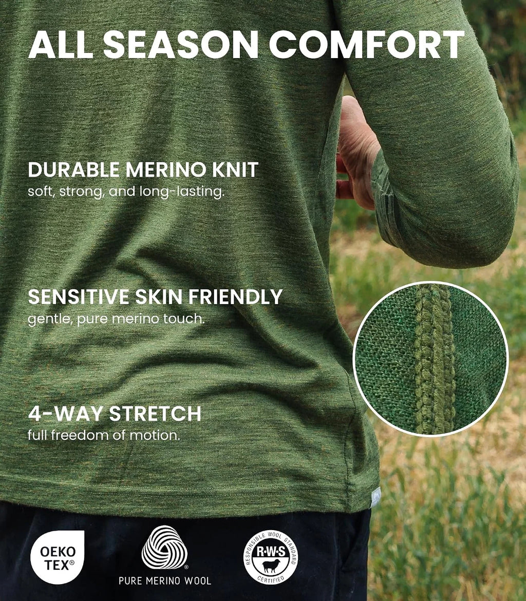 100% Merino Wool Base Layer Men Set - Thermal Underwear for Men Long Johns