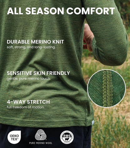 100% Merino Wool Base Layer Mens - Long Sleeve Thermal Shirts with Socks | Lightweight, Midweight, Heavyweight Base Layer, Naturally Odor-Resistant, Breathable Shirt, Ideal for Hiking, Cold Weather