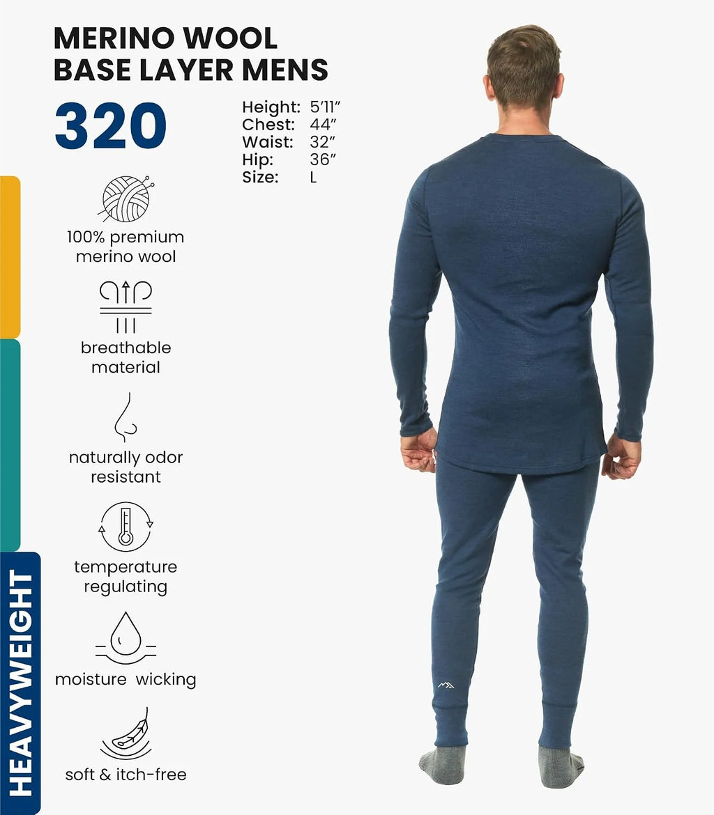 100% Merino Wool Base Layer Men Set - Thermal Underwear for Men Long Johns | Lightweight, Midweight, Heavyweight Long Johns, Naturally Odor-Resistant, Breathable Active Underwear, Hiking, Skiing
