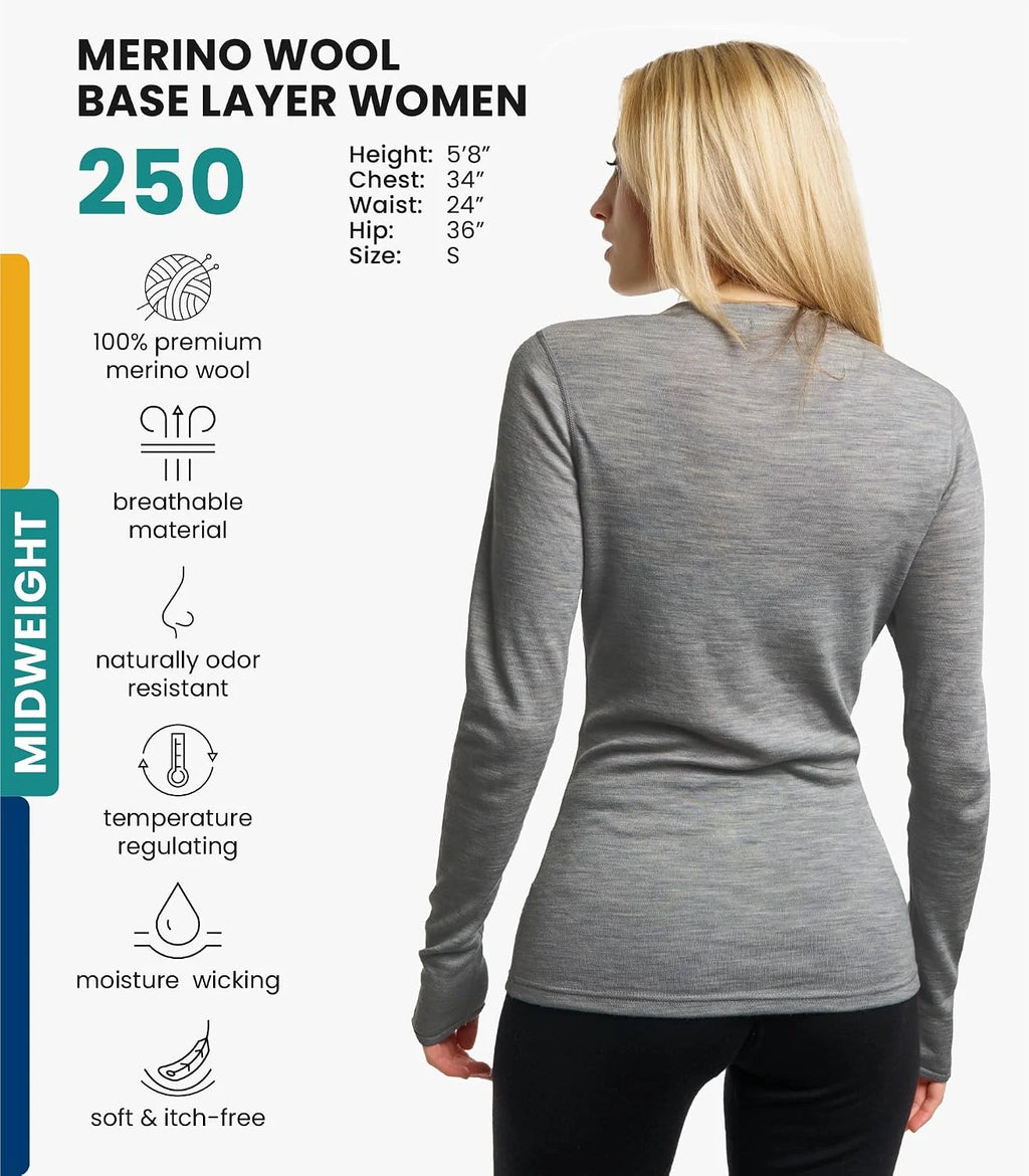100% Merino Wool Base Layer Women - Long Sleeve Thermal Shirt with Socks