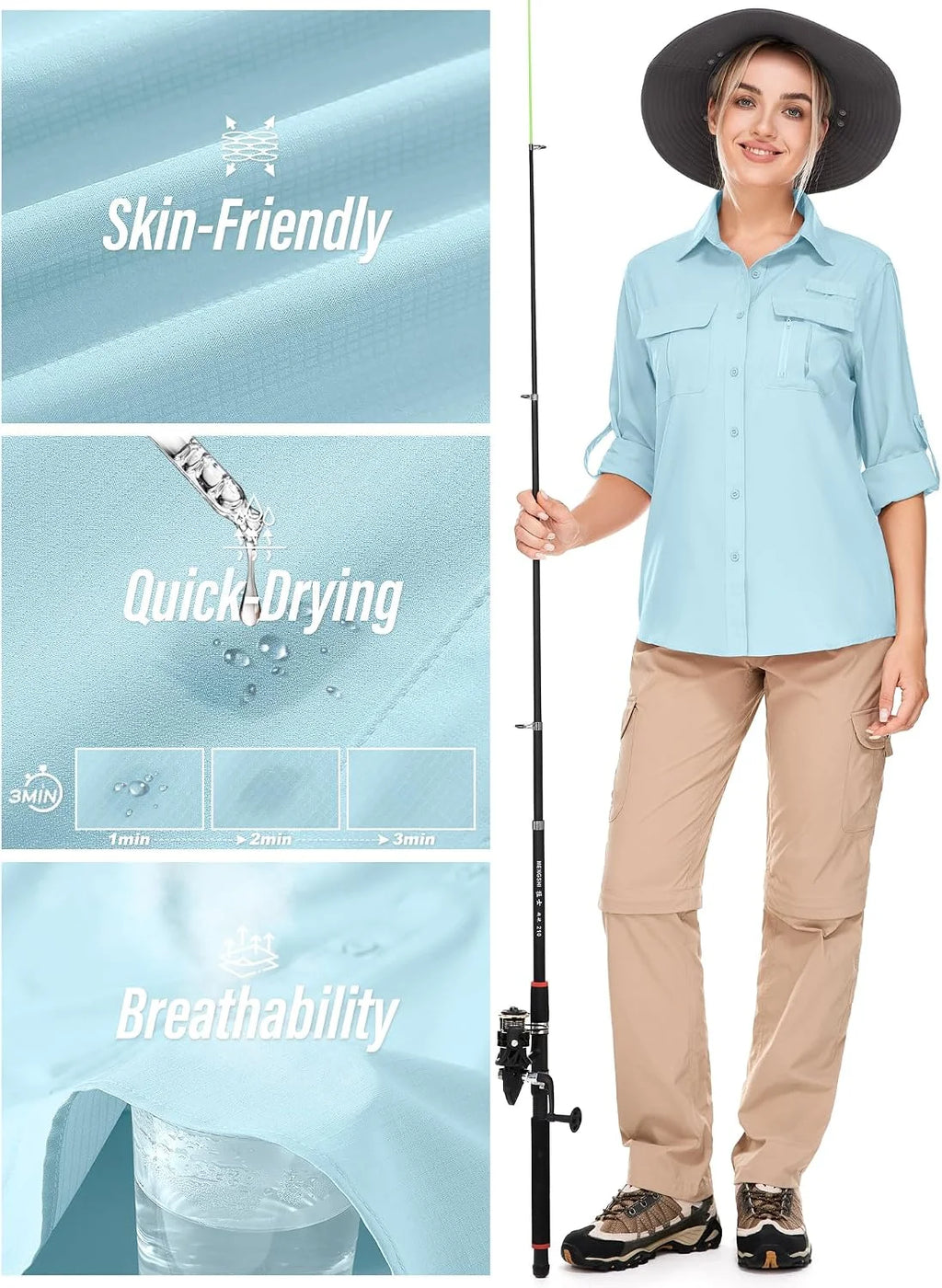 Women's UPF 50 Long Sleeve Sun Protection Safari Fish Hiking Shirts